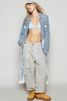 POL Textured Fabric and Floral Print Cardigan in Deep Denim