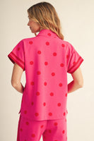 Jodifl Color Rib Band Contrast Zip Up Polka Dot Top in Hot Pink