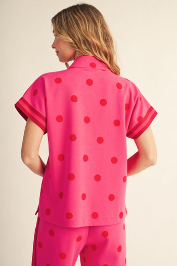 Jodifl Color Rib Band Contrast Zip Up Polka Dot Top in Hot Pink