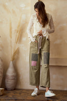 LovLov Paint Splatter and Patched Barrel Pants in Olive
