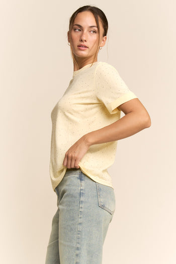 Davi & Dani Rhinestone Embellished Relaxed Crew Neck Tee in Butter Yellow