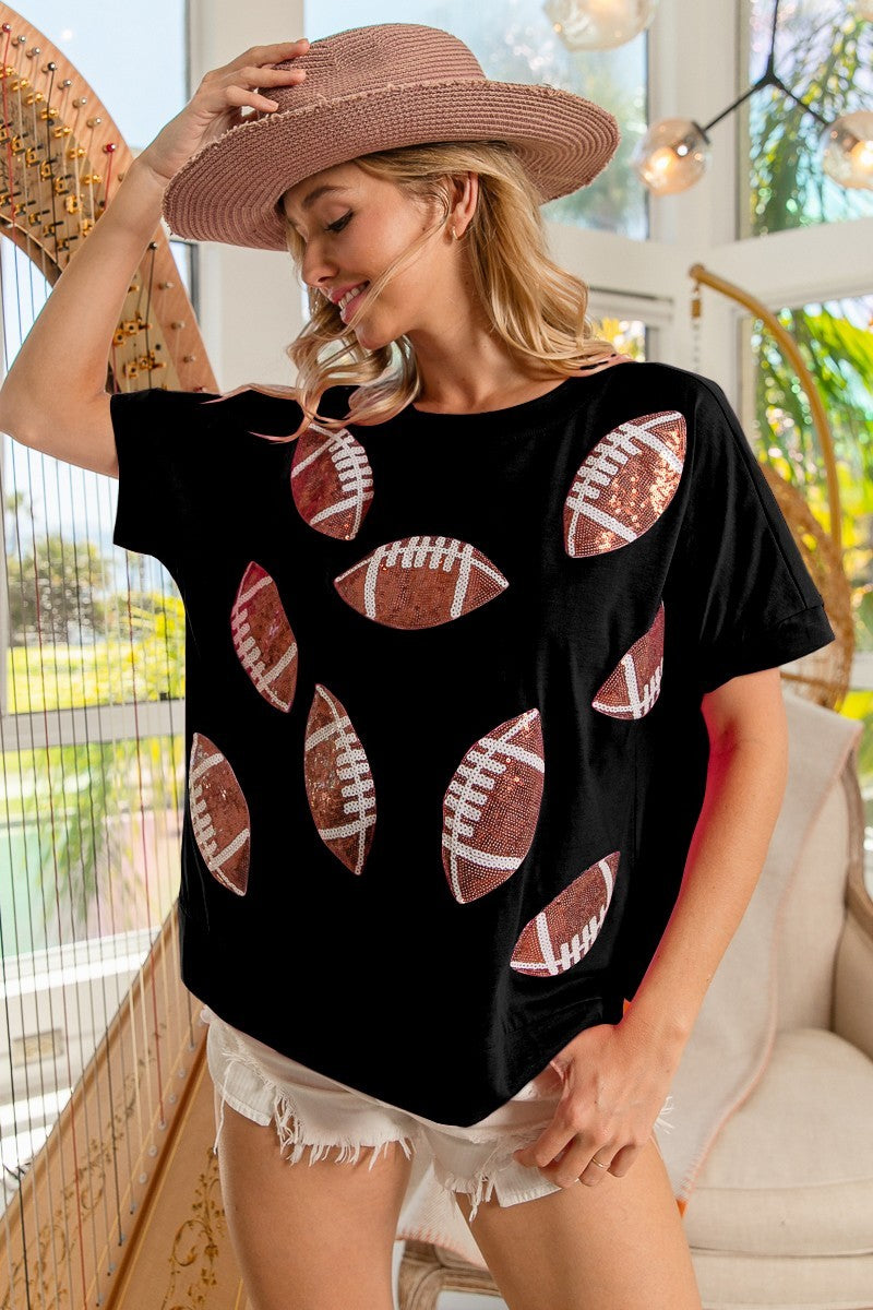 BiBi Game Day Football Sequin Patch Top in Black