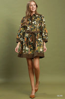 Umgee Floral Print Belted Puff Sleeve Mini Dress in Olive