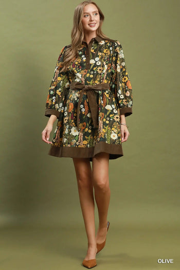 Umgee Floral Print Belted Puff Sleeve Mini Dress in Olive