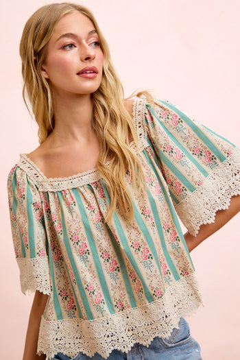BiBi Mix n Match Floral and Lace Detailed Top in Teal