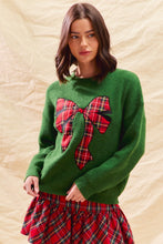 Load image into Gallery viewer, So Me Christmas Plaid Ribbon Bow Front Sweater in Green
