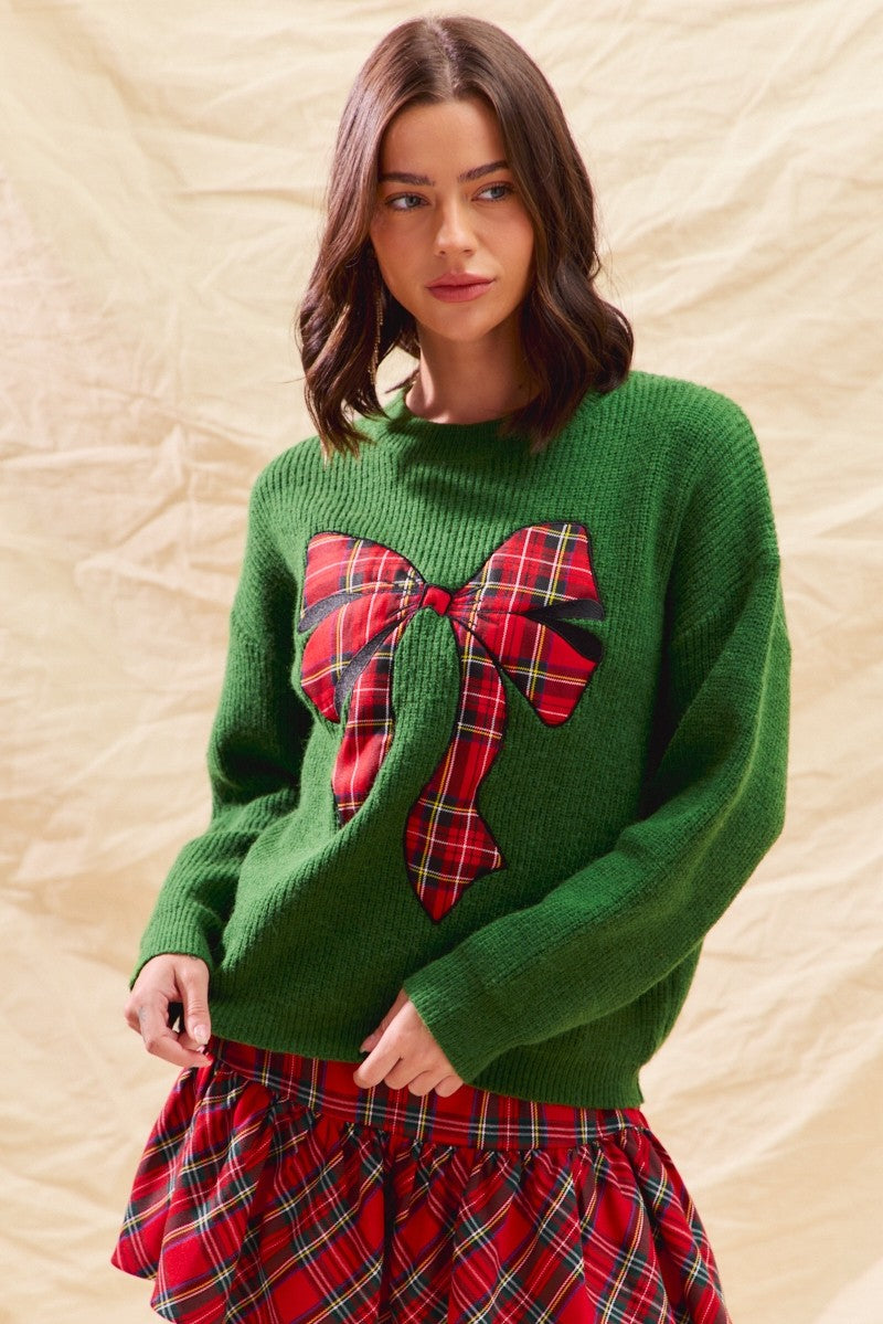 So Me Christmas Plaid Ribbon Bow Front Sweater in Green