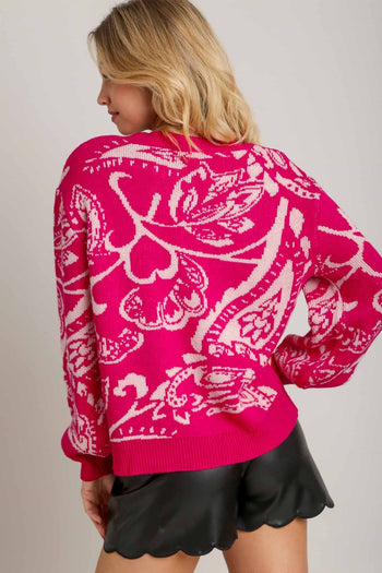 Umgee Floral Knit Sweater in Hot Pink