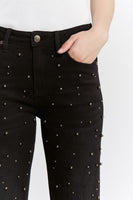 Mica Denim High Rise Pearl and Rhinestone Embellished Straight Leg Jeans in Black Pearl