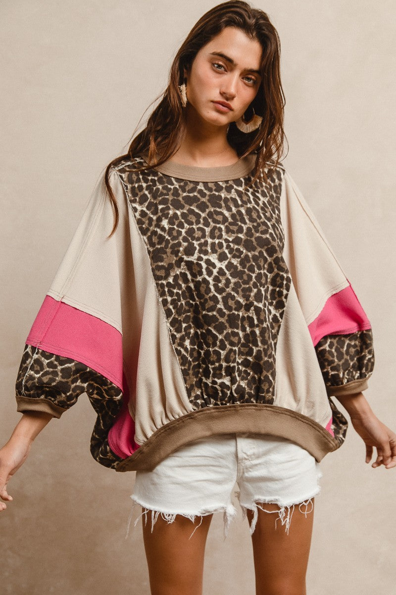 BiBi Oversized Leopard and Mixed Knit Top in Pink/Leopard