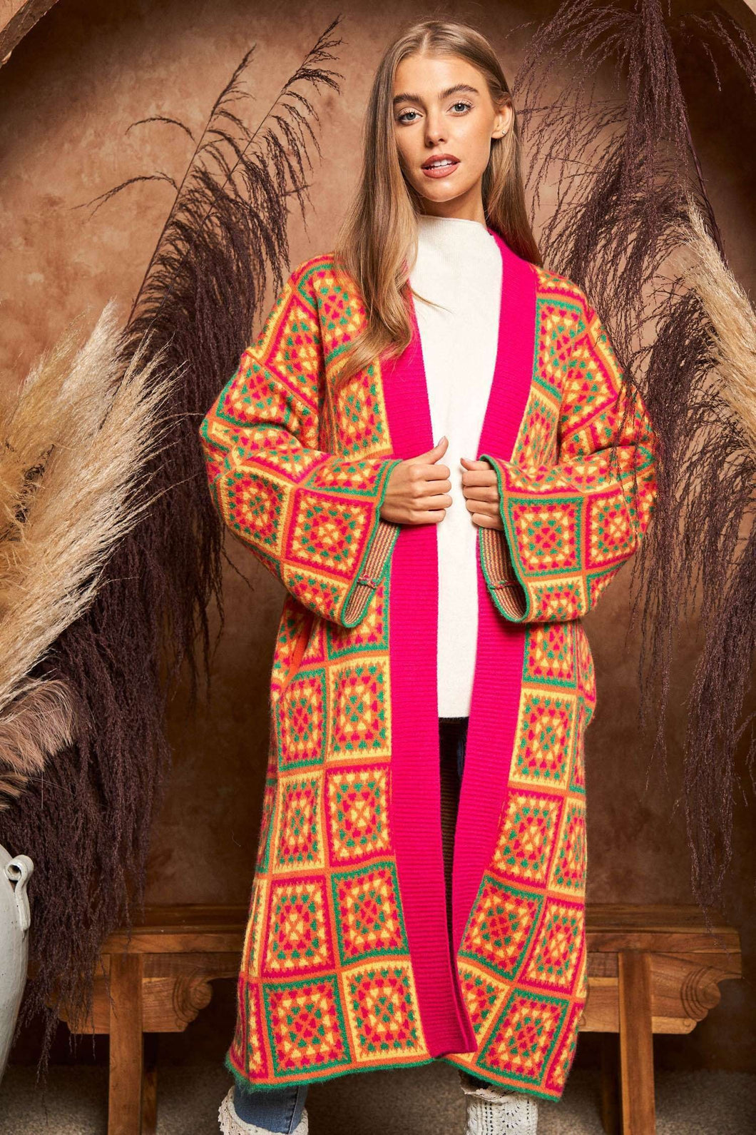 Davi & Dani Granny Square Open Front Long Cardigan in Neon Multi ON ORDER