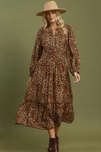 Umgee Leopard Print Smocked Waist Tiered Midi Dress