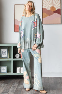 Oli & Hali Mineral Washed Star Patched Top with Contrasting Ruffled Hem in Sage