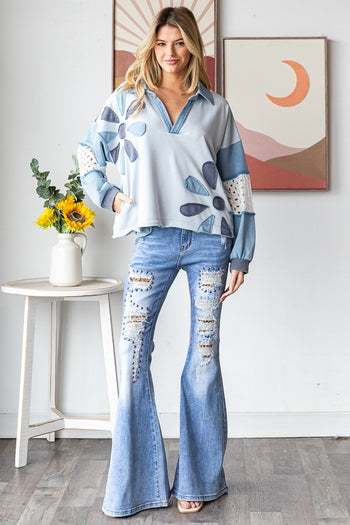 Oli & Hali Collared Top with Eyelet Lace and Daisy Patches in Blue