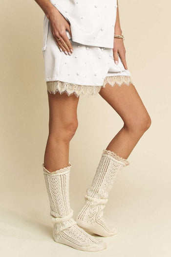 Davi & Dani Pearl Embellished and Lace Trim Shorts in Off White