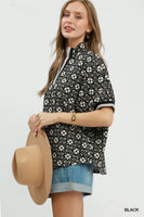 Umgee Jacquard Floral Textured Contrast Trim Pullover Top in Black