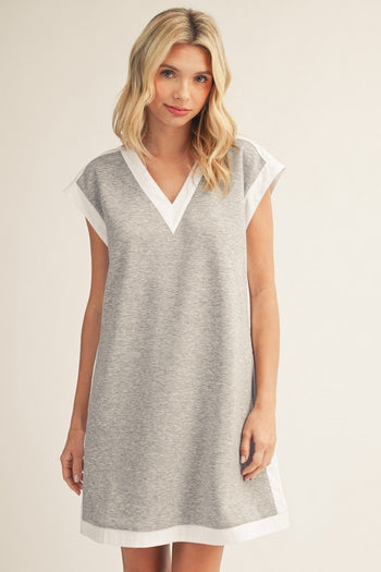 Jodifl Solid Color Casual Dress with Contrasting Color Trim in Heather Grey