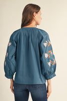 Jodifl Embroidered Baroque Floral Applique Top in Teal