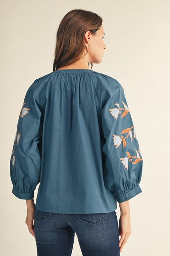 Jodifl Embroidered Baroque Floral Applique Top in Teal