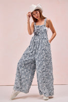 BiBi Frayed Textured Checkered Overalls in Denim