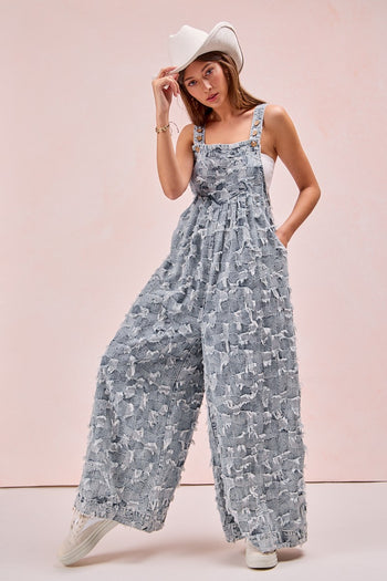 BiBi Frayed Textured Checkered Overalls in Denim