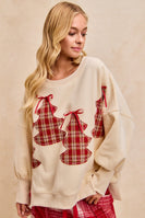 BiBi OVERSIZED Sweatshirt with Vintage Plaid Trees in Cream/Red Plaid