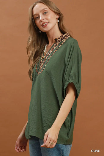 Umgee Leopard Trim Dolman Sleeve Blouse in Olive