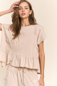 J.nna Solid Color Smocked Top in Light Beige