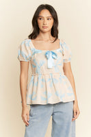 Davi & Dani Bow Print Peplum Top in Blue