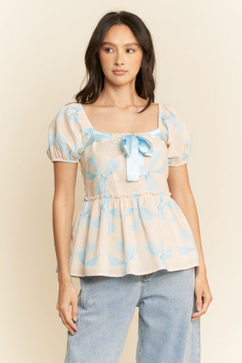 Davi & Dani Bow Print Peplum Top in Blue