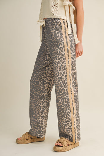 LovLov Luxe Leopard Relaxed Pants With Side Trim in Leopard/Taupe