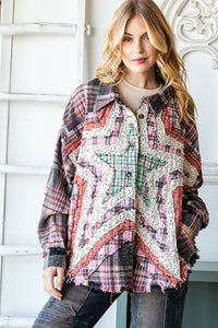 Oli & Hali Button Up Mixed Plaid Shirt with Front Star Patch in Black Shirts & Tops Oli & Hali   
