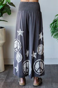 Oli & Hali Smocked Waistband Pants with Peace Sign and Star Patches in Charcoal