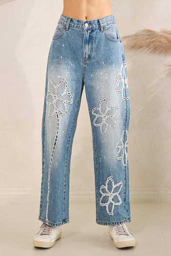 Oli & Hali Floral Embroidered and Splatter Paint Jeans in Denim