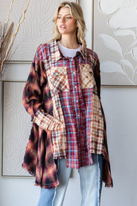 Oli & Hali Mixed Plaid Button Down Top with Pearl Snap Buttons in Burgundy