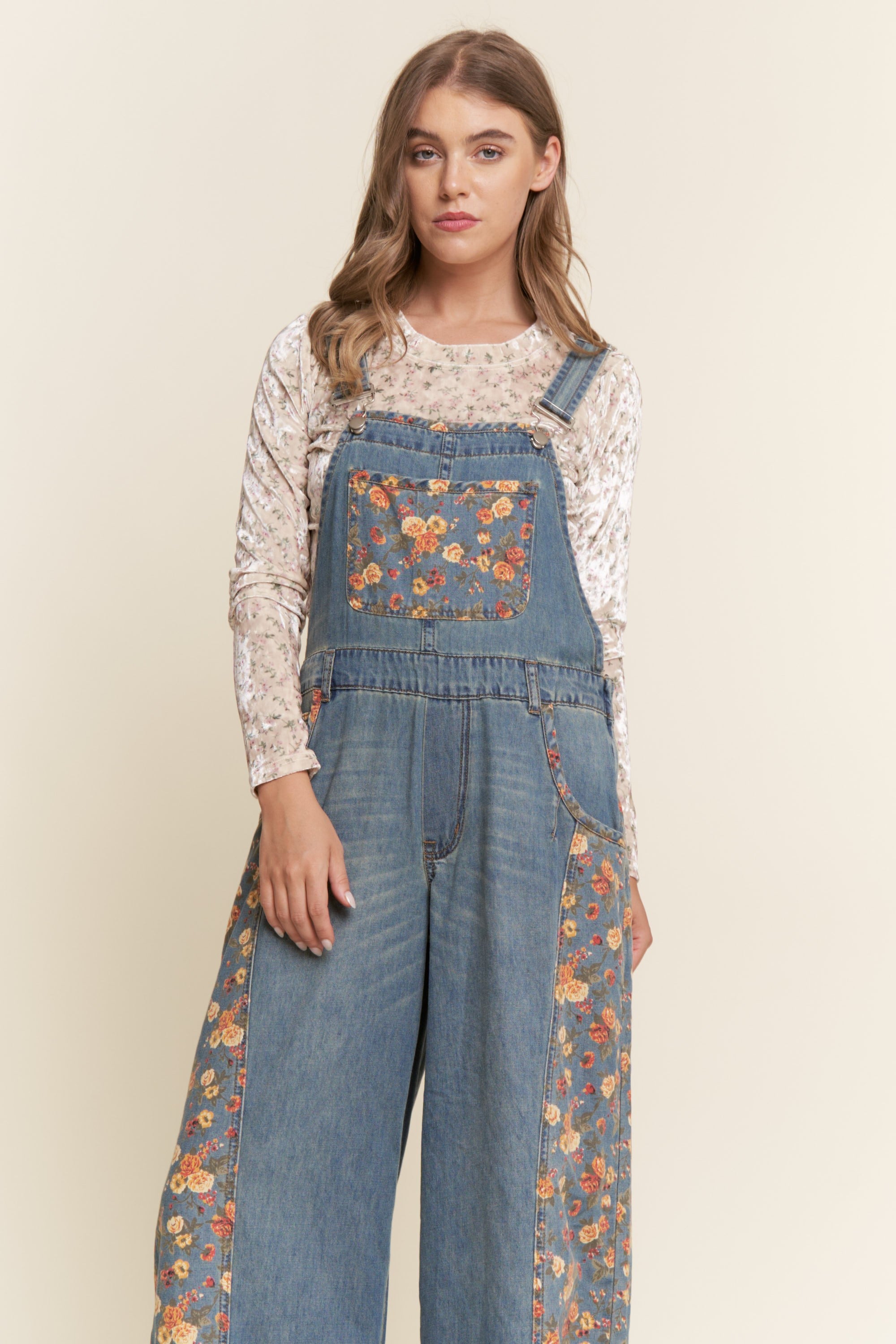 J.nna Contrasting Denim and Floral Overalls in Floral Denim – June