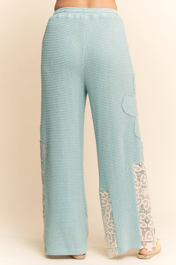 Davi & Dani Thermal Knit and Lace Pants with Flower Patches in Light Blue Grey