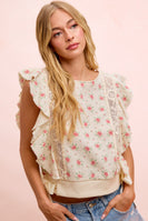 BiBi Flower Printed Ruffle Sleeve Trim Detail Top in Red Flower