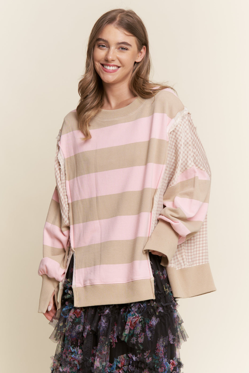 J.nna OVERSIZED Striped and Gingham Sweatshirt in Strawberry Shortcake