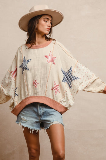 BiBi Solid Color and Floral Print Crinkle Gauze Top with Contrasting Gingham Star Patches in Oatmeal