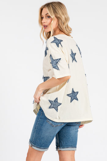 Sage+Fig OVERSIZED Top with Frayed Edge Denim Stars in Cream