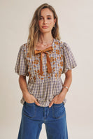 In February French Farm Bubble Sleeves Plaid Embroidered Babydoll Blouse in Dark Cobalt