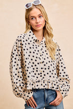 Load image into Gallery viewer, BiBi Crinkle Polka Dot Ruffle Hem Button Down Top in Cream/Black
