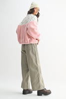 Wishlist Quilted Floral and Solid Sherpa Fleece Jacket in Pink Combo