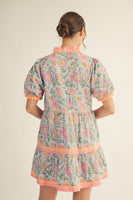 Jodifl Floral Tiered Dress with Solid Contrasting Details in Sky Blue