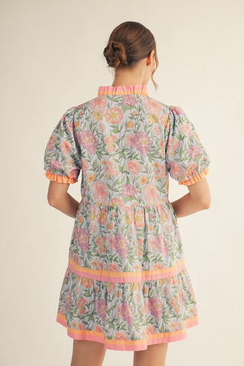 Jodifl Floral Tiered Dress with Solid Contrasting Details in Sky Blue