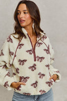 So Me Bow Pattern Sherpa Jacket in Cream/Brown