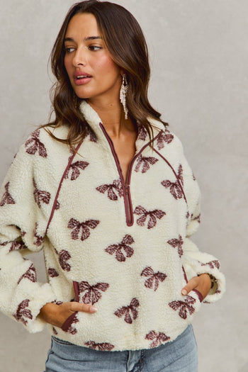 So Me Bow Pattern Sherpa Jacket in Cream/Brown