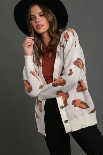 Umgee Leopard Button Down Cardigan Sweater in Cream