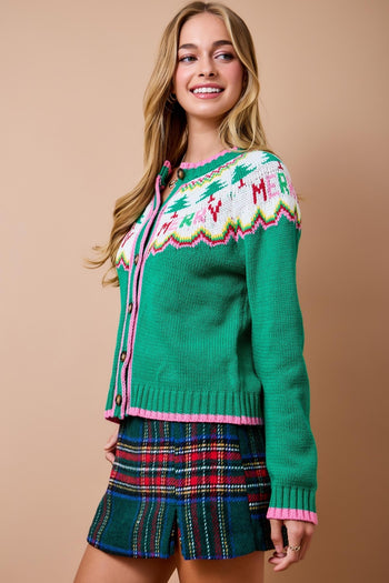 day+moon Christmas Fair Isle Knit Cardigan in Green Multi